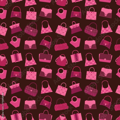 Bags seamless pattern. Fashionable handbags. Stylish purse and luxury tote. Elegant clutch. Trendy accessory shopping. Repeated print. Pink pouch. Glamour boutique assortment. Vector flat background