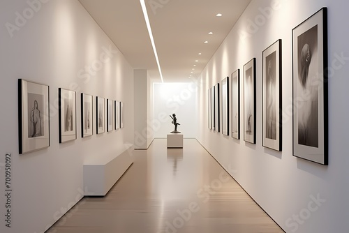 A minimalist gallery-style hallway with white walls, recessed lighting, and a series of framed artworks, creating a clean and sophisticated ambiance.