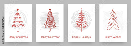 Christmas greeting cards. New Year celebration. Hand drawn Merry Xmas trees. December holiday. Red line sketch. Festive firs with stars. Spruce plants. Forest wood. Doodle postcards design vector set