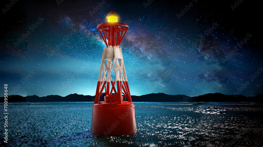 Sea buoy in the night. 3D illustration - obrazy, fototapety, plakaty 