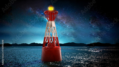Sea buoy in the night. 3D illustration photo