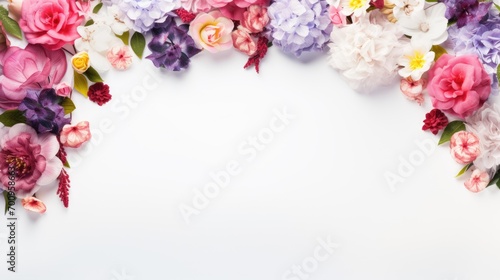 Flowers arch from above frame on white background top view. Flat layer, top view