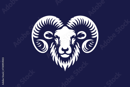 White goat head. Beautiful engraving logo, emblem, icon. On a blue background