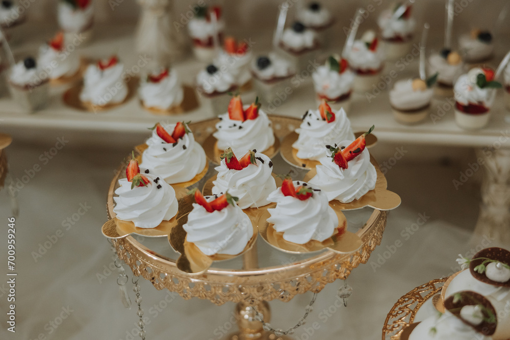 Almond cookies and various sweet cakes for a wedding banquet. A delicious reception, a luxurious ceremony. Table with sweets and desserts. Delicious colorful French desserts on a plate or table. Almond cookies and various sweet cakes for a wedding banquet. A delicious reception, a luxurious ceremony. Table with sweets and desserts. Delicious colorful French desserts on a plate or table.