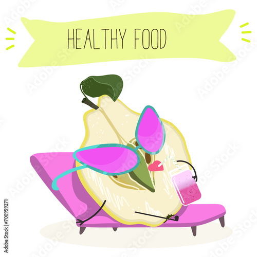 Quince fruit cute funny cheerful characters with different poses and activities. Natural vitamin antioxidant detox food collection. Flat vector illustration, funny fruits. Organic food.