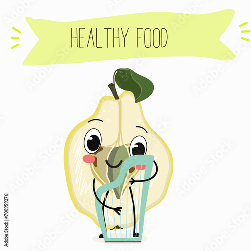 Quince fruit cute funny cheerful characters with different poses and activities. Natural vitamin antioxidant detox food collection. Flat vector illustration, funny fruits. Organic food.