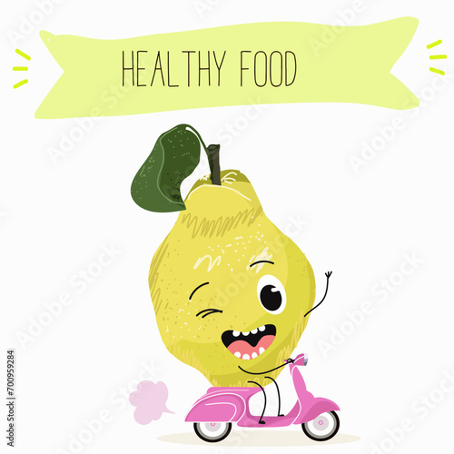 Quince fruit cute funny cheerful characters with different poses and activities. Natural vitamin antioxidant detox food collection. Flat vector illustration, funny fruits. Organic food.