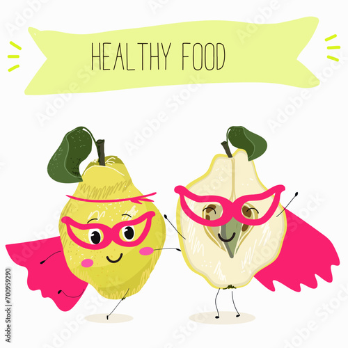 Quince fruit cute funny cheerful characters with different poses and activities. Natural vitamin antioxidant detox food collection. Flat vector illustration, funny fruits. Organic food.
