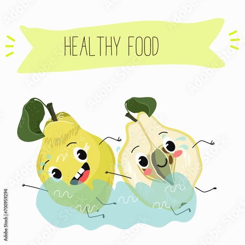 Quince fruit cute funny cheerful characters with different poses and activities. Natural vitamin antioxidant detox food collection. Flat vector illustration, funny fruits. Organic food.