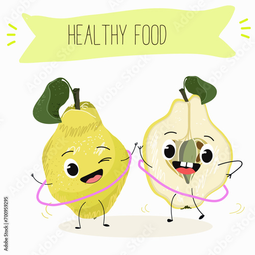 Quince fruit cute funny cheerful characters with different poses and activities. Natural vitamin antioxidant detox food collection. Flat vector illustration, funny fruits. Organic food.