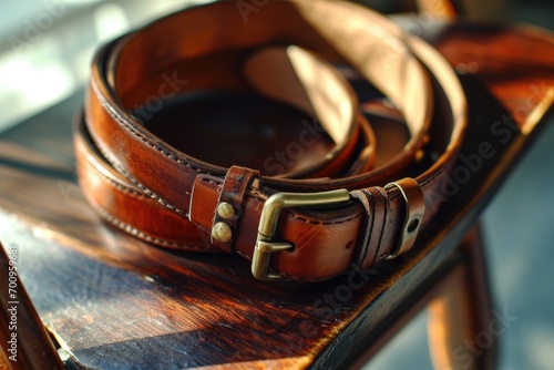 A leather belt placed on a wooden table. This versatile image can be used to depict fashion, accessories, or craftsmanship
