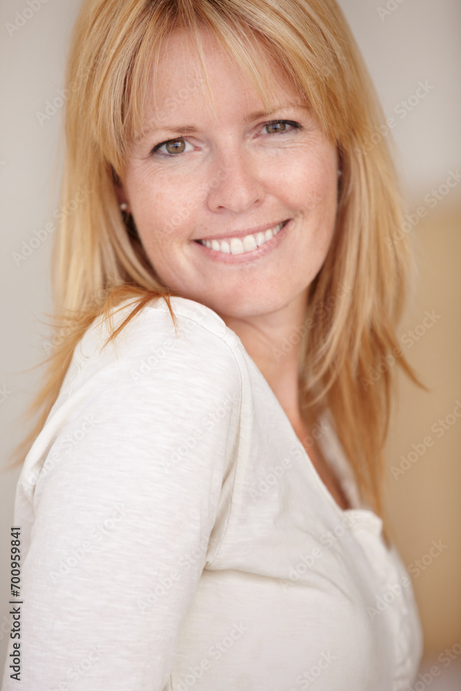 Happy, woman and smiling with portrait on face, morning and alone in home, natural beauty or headshot. Looking, beautiful or thinking with idea, mature person or cheerful lady in house or blonde hair Happy, woman and smiling with portrait on face, morning and alone in home, natural beauty or headshot. Looking, beautiful or thinking with idea, mature person or cheerful lady in house or blonde hair