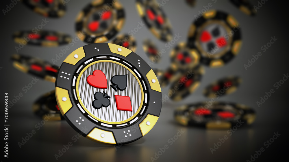 Falling casino chips on reflective dark background. 3D illustration Falling casino chips on reflective dark background. 3D illustration