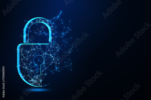 Creative digital polygonal closed padlock hologram on blue background with mock up place. Safety, protection and security concept. 3D Rendering.