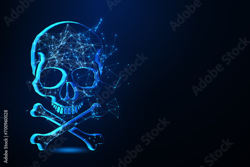 Fototapeta Naklejka Na Ścianę i Meble -  Digital polygonal skull on dark blue backdrop with mock up place. Piracy and crime concept. Mock up place. 3D Rendering.