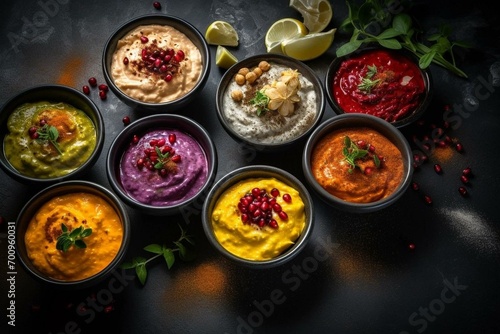 Vibrant hummus bowls of assorted vegetarian dips on black concrete backdrop. Generative AI