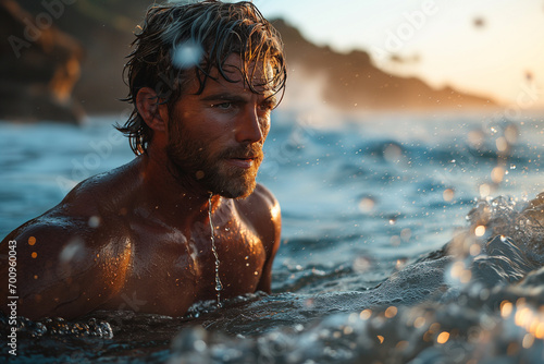 Fluid Mastery: Portrait of Attractive, Muscular Man Showcasing Aquatic Prowess