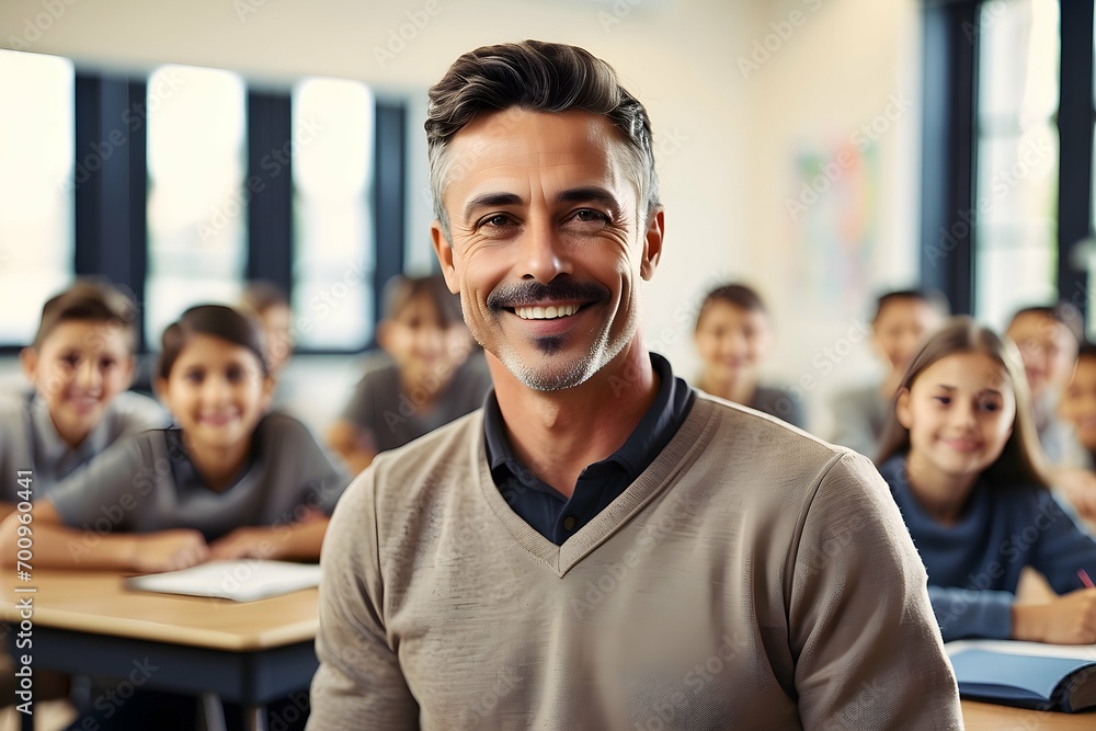 Fototapeta premium Inspiring Education: Smiling Male Teacher Engaging with Students in Elementary Classroom in Background