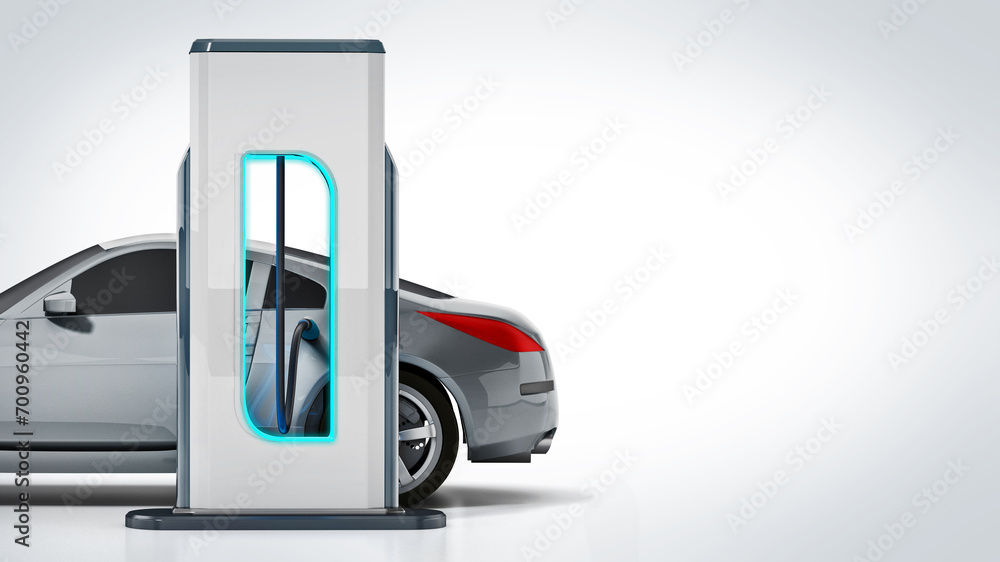 Car standing near charging station connected with a cord. 3D illustration Car standing near charging station connected with a cord. 3D illustration