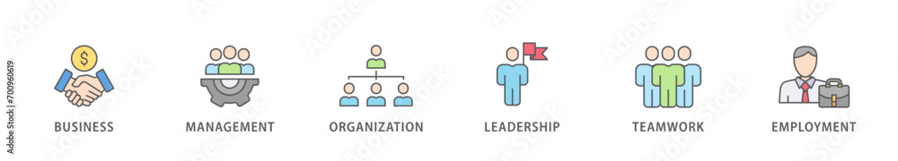Business management banner web icon vector illustration concept with icon of business, management, organization, leadership, teamwork and employment Business management banner web icon vector illustration concept with icon of business, management, organization, leadership, teamwork and employment