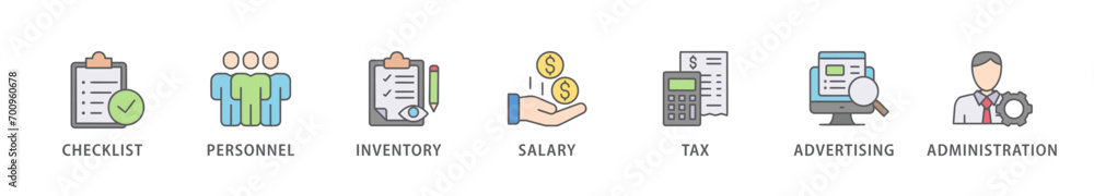 Cost reduction banner web icon vector illustration concept with icon of checklist, personnel, inventory, salary, tax, advertising and administration