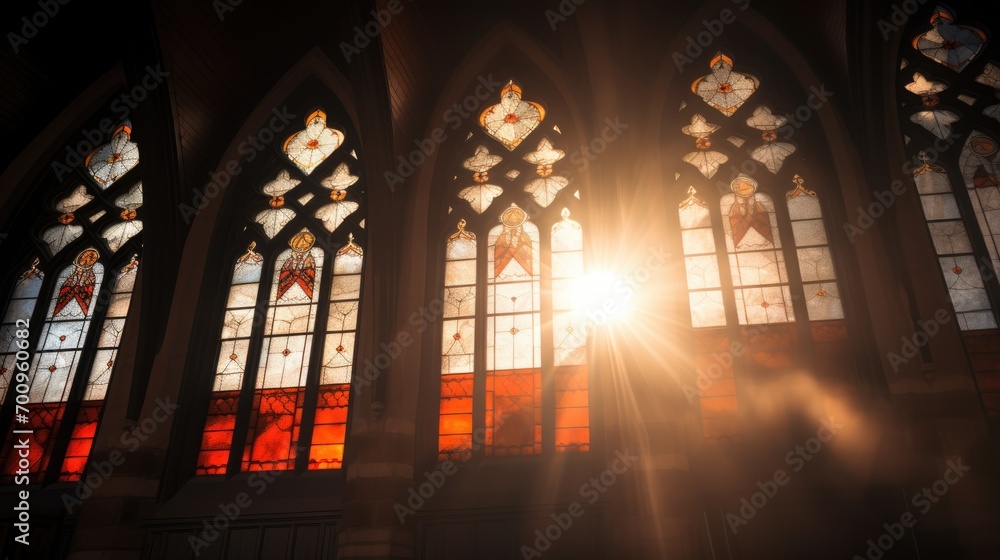 Sun rays through the stained glass windows of the church.