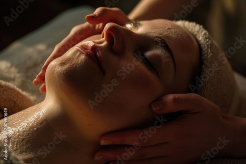 Woman getting a facial massage at a spa. Ideal for beauty and relaxation concepts