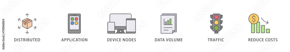Edge computing banner web icon vector illustration concept with icon of distributed computing, application, device nodes, data volume, traffic and reduce costs Edge computing banner web icon vector illustration concept with icon of distributed computing, application, device nodes, data volume, traffic and reduce costs
