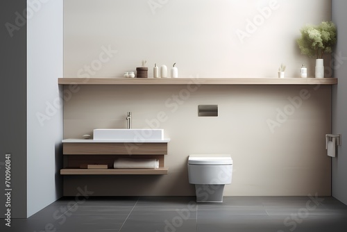 A minimalist washroom with a wall-mounted toilet  a floating shelf for toiletries  and a neutral color palette  promoting a calm and minimalist aesthetic.