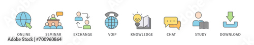 E-learning banner web icon vector illustration concept with icon of online, seminar, exchange, voip, knowledge, chat, study and download
