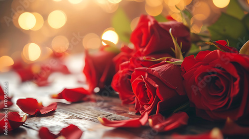 bouquet of red roses on wooden table - candles and rose petals - Love and valentine photo