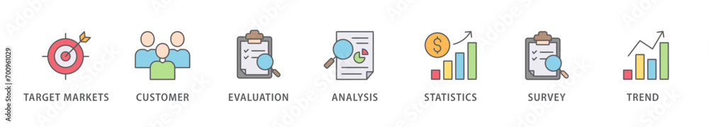 Market research banner web icon vector illustration concept with icon of target markets, customer, evaluation, analysis, statistics, survey and trend Market research banner web icon vector illustration concept with icon of target markets, customer, evaluation, analysis, statistics, survey and trend