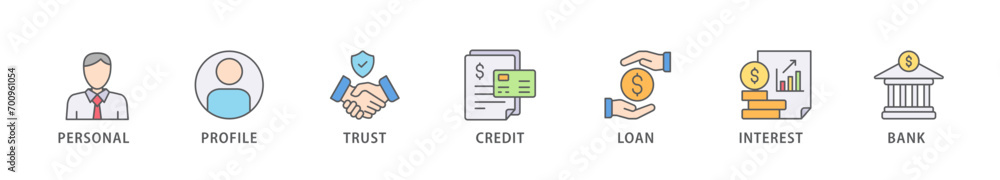 Microcredit banner web icon vector illustration concept with icon of personal, profile, trust, credit, loan, interest and bank Microcredit banner web icon vector illustration concept with icon of personal, profile, trust, credit, loan, interest and bank