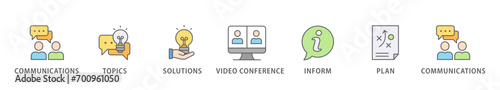 Meeting banner web icon vector illustration concept  business meeting and discussion with communications, topics, solutions, plan, inform and video conference icon