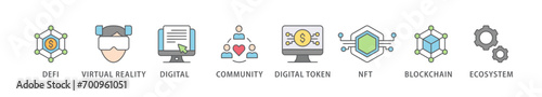 Metaverse banner web icon vector illustration concept with icon of defi, virtual reality, digital asset, community, digital token, nft, blockchain and ecosystem