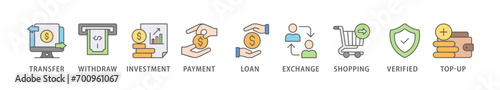 Mobile banking banner web icon vector illustration concept with icon of transfer, withdraw, investment, payment, loan, exchange, shopping, verified and top-up