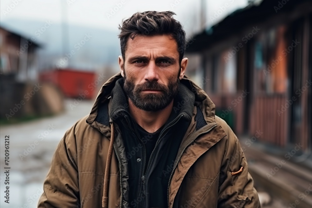 Portrait of a bearded man wearing a jacket, looking at camera. Portrait of a bearded man wearing a jacket, looking at camera.