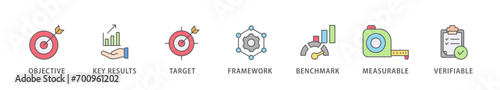 OKR banner web icon vector illustration concept for objectives and key results with icon of objective, key results, target, framework, benchmark, measurable, and verifiable