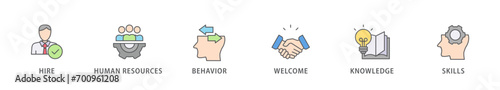 Onboarding banner web icon vector illustration concept for human resources business industry to introduce newly hired employee into an organization with behavior, welcome, knowledge, and skills icon
