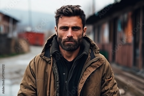 Portrait of a bearded man wearing a jacket, looking at camera.