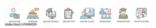 Online training banner web icon vector illustration concept with icon of education, seminar, online course, online test, online class, workshop, graduation, certification