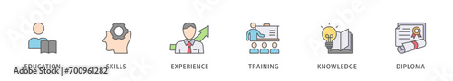 Qualification banner web icon vector illustration concept for employee recruitment and positioning with icon of education, skills, experience, training, knowledge, and diploma