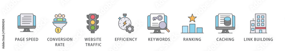 Website optimization banner web icon vector illustration concept with icon of page speed, conversion rate, website traffic, efficiency, keywords, ranking, caching, link building Website optimization banner web icon vector illustration concept with icon of page speed, conversion rate, website traffic, efficiency, keywords, ranking, caching, link building