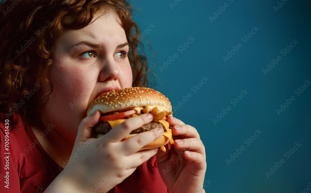 Very fat girl eats junk food, hamburger fries fast food overweight Very fat girl eats junk food, hamburger fries fast food overweight