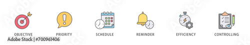 Time management banner web icon vector illustration concept with icon of objective, priority, schedule, reminder, efficiency, alerts, and controlling