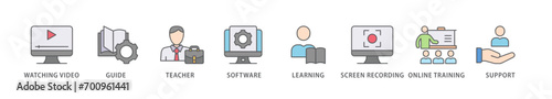 Video tutorial banner web icon vector illustration concept with icon of watching video, guide, teacher, software, learning, screen  recording, online training, support