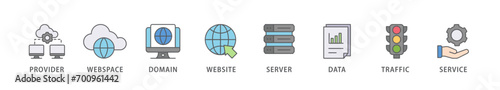 Web hosting banner web icon vector illustration concept with icon of provider, webspace, domain, website, server, data, traffic and service