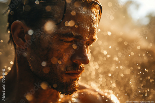 Rainfall Radiance: Portrait of Wet, Young, Attractive, Muscular Man photo