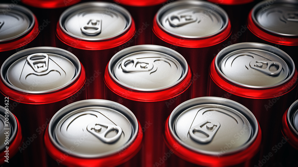 Red cans of soft non alcoholic drinks background. 3D illustration Red cans of soft non alcoholic drinks background. 3D illustration