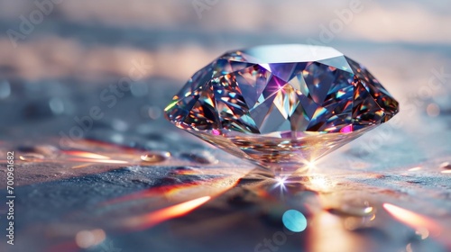 A detailed close-up view of a sparkling diamond placed on a table. Perfect for jewelry advertisements and articles on gemstones
